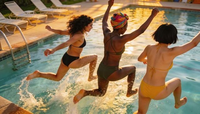 Friends leaping into sunlit pool at golden hour, splashing water, summer fun