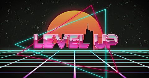 Retro Neon Level Up Design with Futuristic Elements