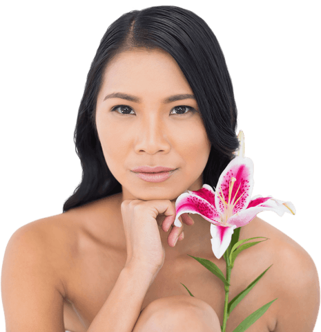 asian woman holding pink lily touching her chin portrait transparent background - Download Free Stock Videos Pikwizard.com
