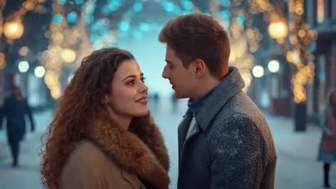 Romantic Couple Smiling in Snowy Festive Street with Bright Lights