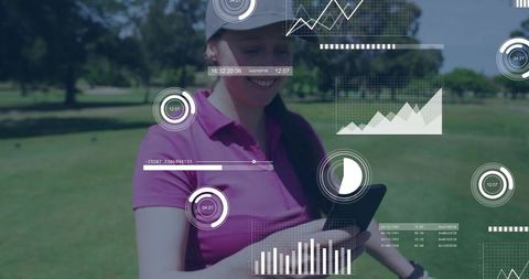 Female golfer checking tablet on fairway with augmented analytics HUD tracking performance