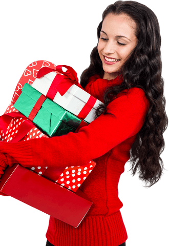 Smiling Woman Holding Colorful Wrapped Gifts Transparent