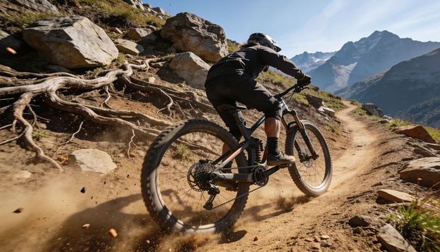Riding mountain bike on dusty alpine singletrack leaning into corner with rugged peaks