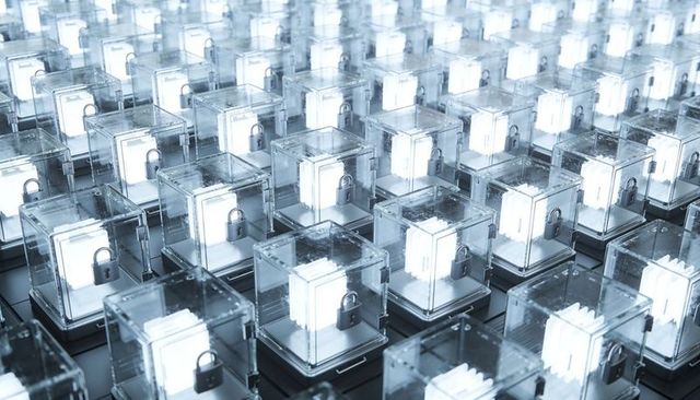 Locked Transparent Cube Grid with Glowing Modules Representing Secure Data Network