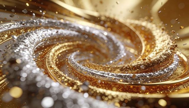 Spiraling gold and silver glitter ribbons macro abstract metallic swirl background