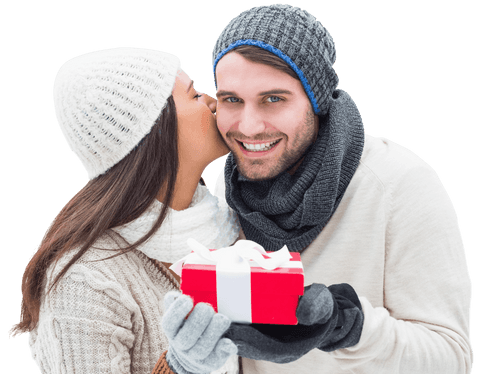 Caucasian Couple Embracing Winter Romance with Christmas Gift Transparent