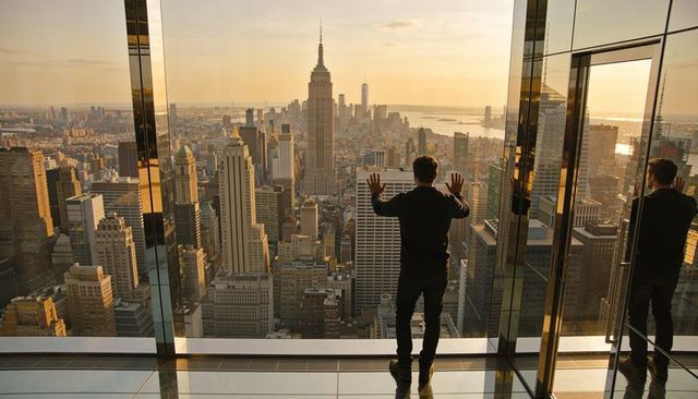 Man gazing from glass observation deck overlooking empire state building at sunset