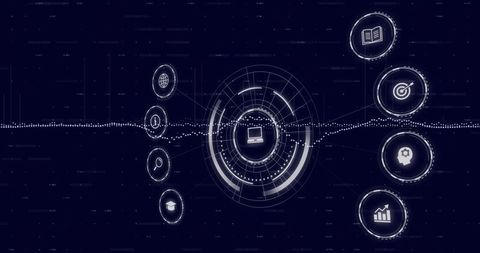 Futuristic HUD Visualizing Laptop-Centric Data Network with Circular Analytics Interface