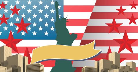 Statue of Liberty Over USA Flag with Red Stars Background