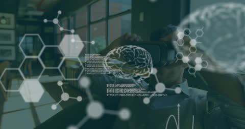 Man In VR Headset Immersed in Virtual Scientific Data Display