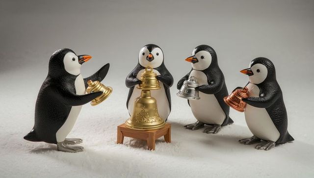 Penguin figurines ringing gold silver copper bells on snowy display with central bell