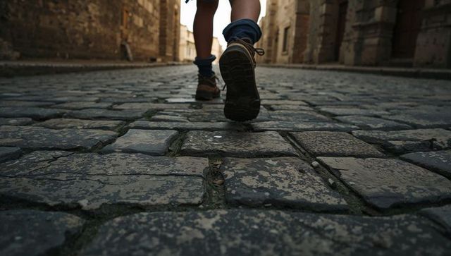 Close-up hiker walking on weathered cobblestone street with sprout emerging from crack