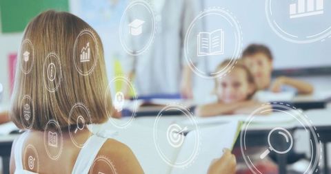 Schoolchild holding tablet in classroom surrounded by digital learning icons and ui