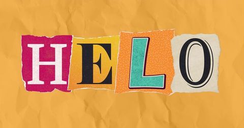 Colorful torn-paper typography spelling helo on crumpled mustard background