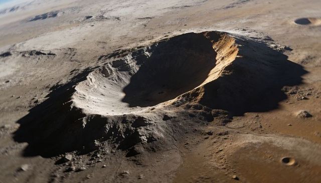 Sunlit lunar impact crater with steep rim and deep shadow on regolith plain
