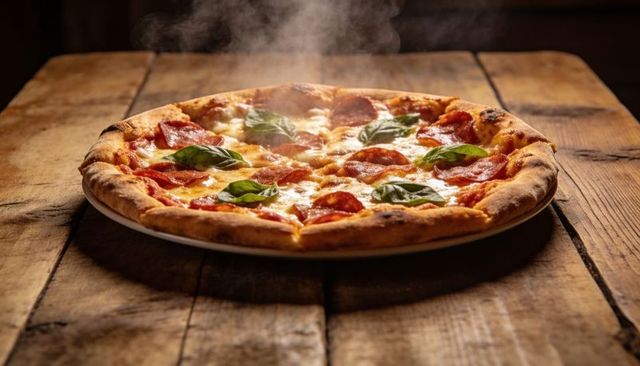 Steam rising from rustic pepperoni pizza topped with fresh basil and melted mozzarella