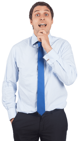 Transparent businessman touching chin in thought with blue tie