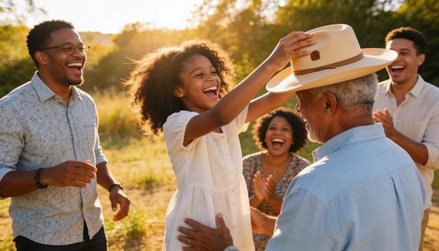 Granddaughter placing straw hat on grandfather during golden hour family celebration