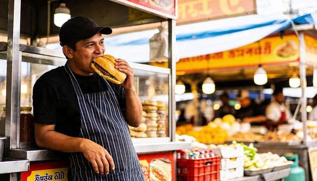 Street vendor biting into sandwich while leaning on stall at busy outdoor market