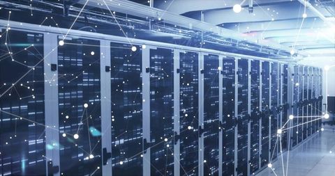 Data Center Aisle with Digital Network Overlay