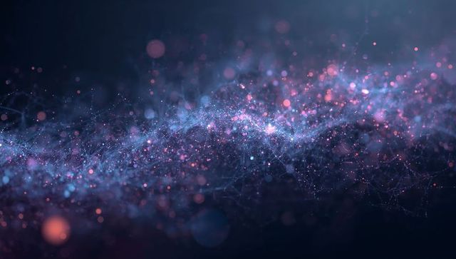 Flowing luminous particle wave with neon filaments and bokeh glow for futuristic tech