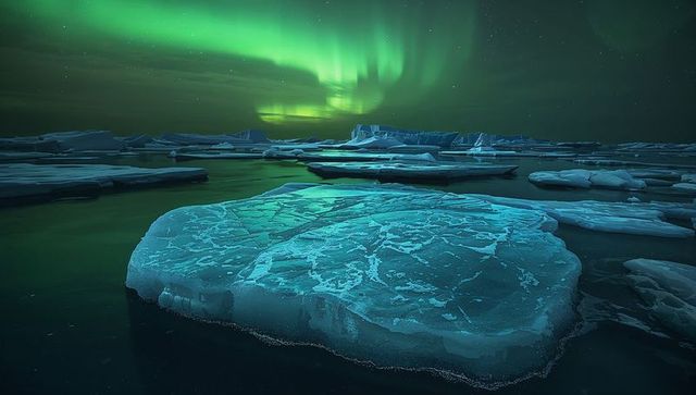 Aurora illuminating arctic ice floes at night with teal reflections and cracked ice surface
