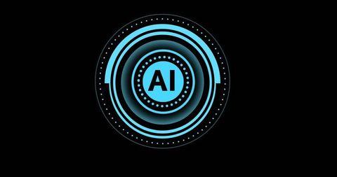 Glowing neon ai emblem featuring concentric rings and futuristic cyber hud in cyan