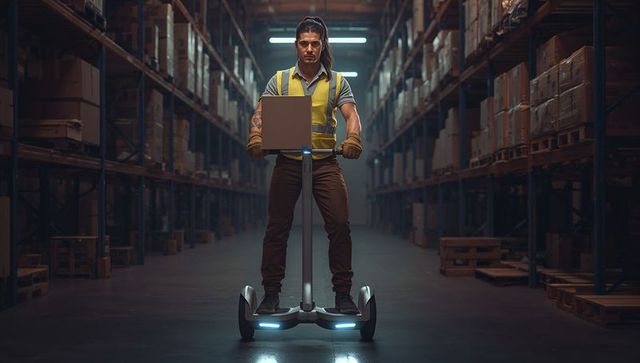 Warehouse Worker Navigating Inventory on Segway with Cardboard Box