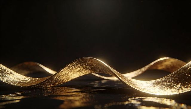 Golden metallic ribbons flowing in warm light with sparkling texture and reflective waves