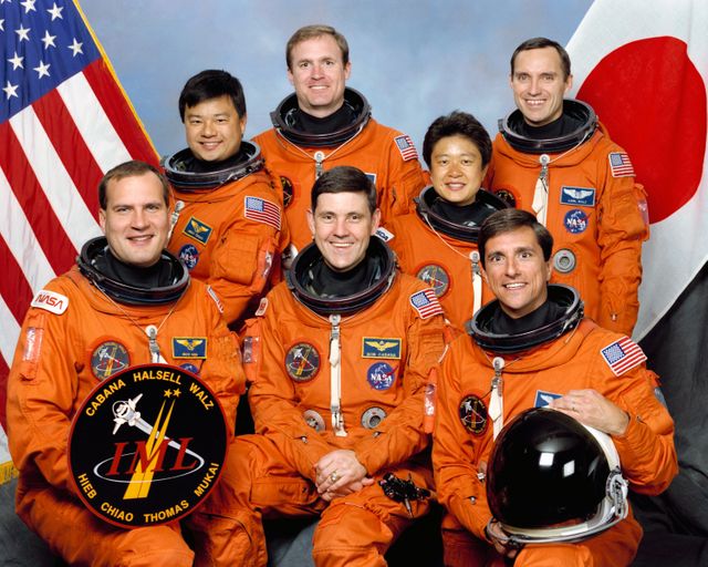 JOHNSON SPACE CENTER, Houston, Texas -- --  STS065(S)002 -- STS-65 Official Crew Portrait --- Six NASA astronauts and a Japanese payload specialist take a break from STS-65 training to pose for their crew portrait.  Left to right are Richard J. Hieb, Leroy Chiao, James D. Halsell Jr., Robert D. Cabana, Dr. Chiaki Mukai, Donald A. Thomas and Carl E. Walz.  Cabana is mission commander, and Halsell has been assigned as pilot.  Hieb is payload commander, with Walz, Thomas and Chiao serving as mission specialists. Dr. Mukai represents the National Space Development Agency (NASDA) of Japan as payload specialist on the International Microgravity Laboratory (IML) mission.
