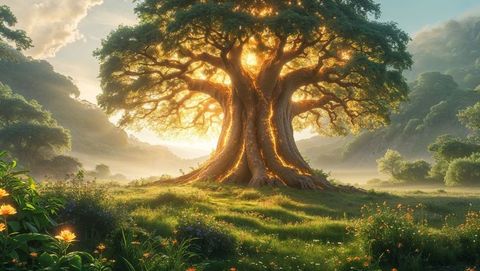 Serene landscape with imposing god tree against sunrise