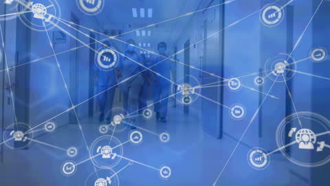 Surgeons in Hospital Corridor with Network of Medical Technology Symbols