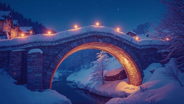 Stone arch bridge illuminated by lamps over frozen river at night in winter