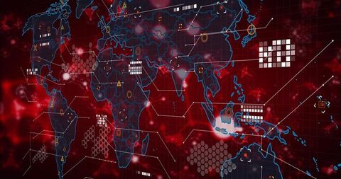 Futuristic holographic world map display with data visualizations