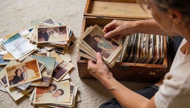 Sorting vintage family portraits in wooden keepsake box, hands organizing nostalgic prints