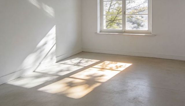 Sunlit window casting soft rectangular shadows and leaf silhouettes on minimal floor
