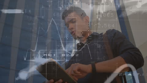 Man with Tablet Analyzing Digital Data Interface