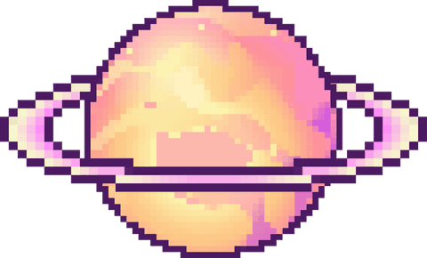 Pastel pixel art planet with pink and purple ring on transparent