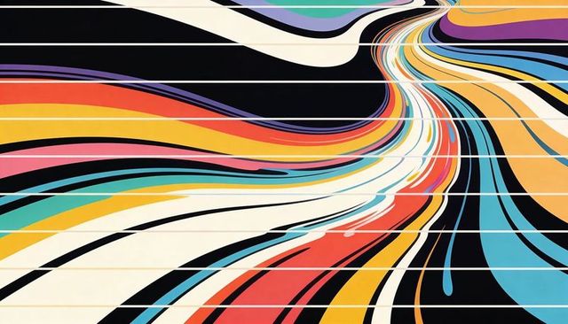 Sweeping Multicolored Ribbon Mural Flowing Diagonally Across Slatted Wall, Vibrant Stripes