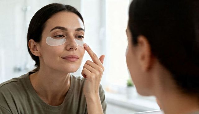 Applying hydrogel under-eye patches at mirror for morning skincare routine