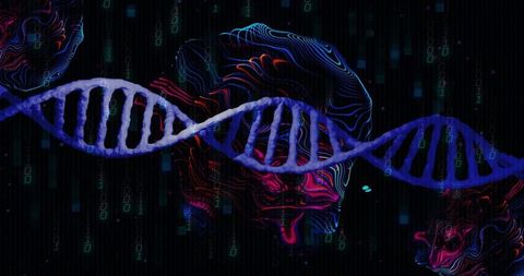 Futuristic DNA Double Helix with Digital Binary Code