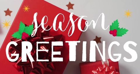 Season greetings red gift boxes featuring holly, metallic bows and starbursts