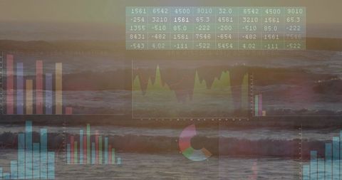 Translucent data visualization over ocean waves at dusk, pastel charts dashboard
