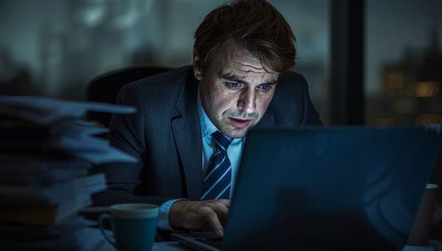 Focused Businessman Typing on Laptop in Night Office