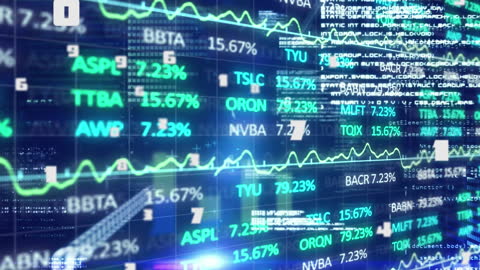 Animated depiction of complex financial data over a digital blue background ideal for illustrating concepts of financial technology, stock market analysis, and data-driven economic trends. Perfect for use in presentations, articles, and educational materials focused on finance and digital innovation.