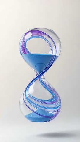 Vertical hourglass pouring blue sand while twisting translucent purple ribbons, minimal loop video