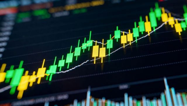 Rising candlestick chart displaying moving average line and volume bars for market trading