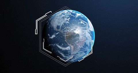 Earth floating in space with hexagonal hud overlay, futuristic digital crosshair interface