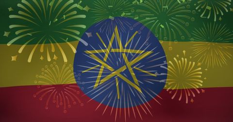 Ethiopian Flag with Festive Fireworks Celebration