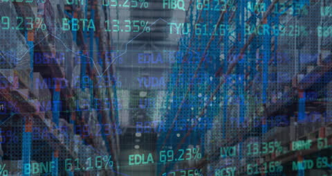 Stock Market Data Overlaid on Empty Warehouse Interior
